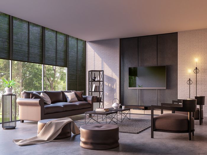 A modern living room with low shades in the windows and bright sun outside.